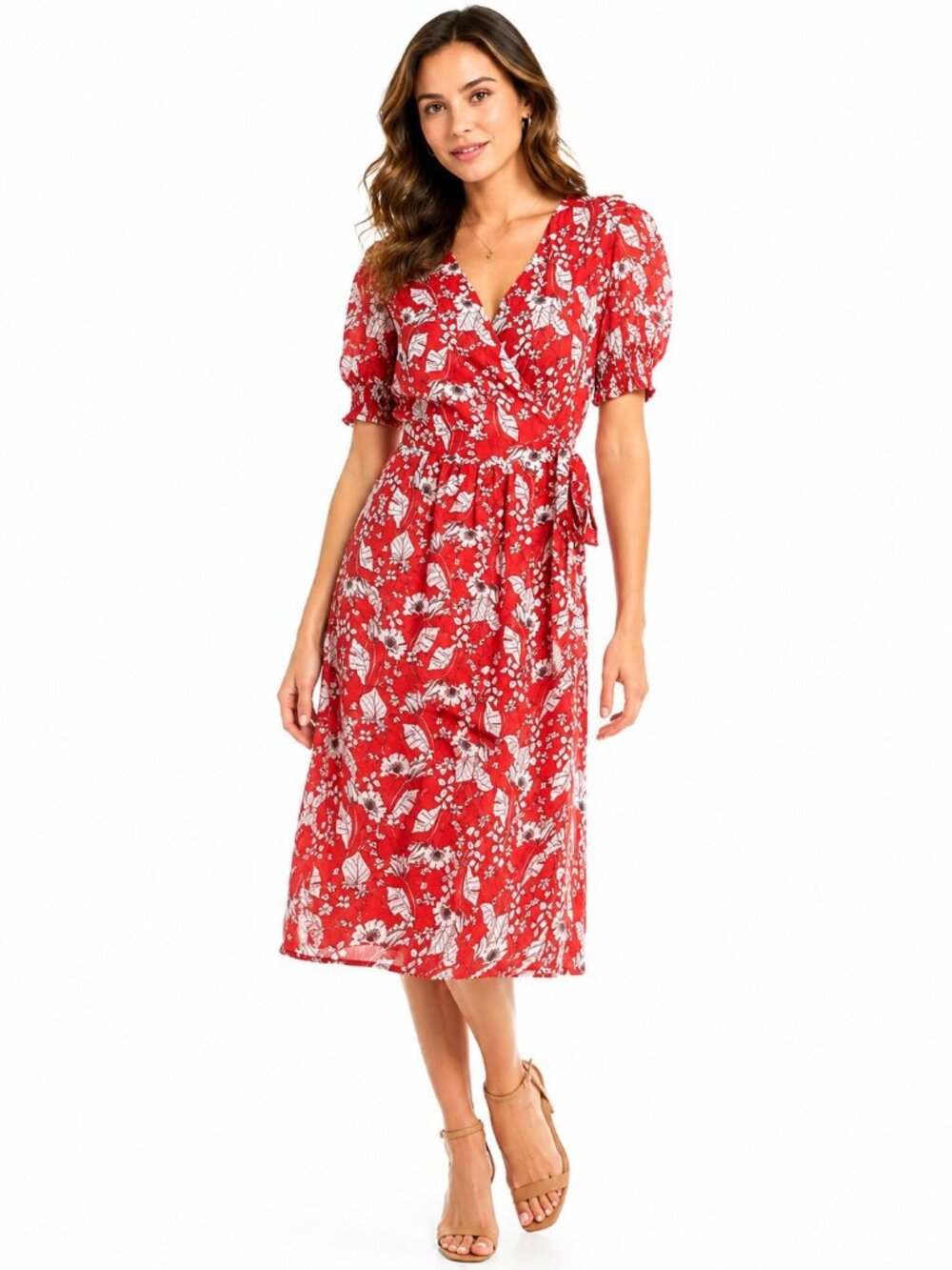 Chelsea28 Red Floral Faux Cottage Core Wrap Dress Womens Size Medium NWT